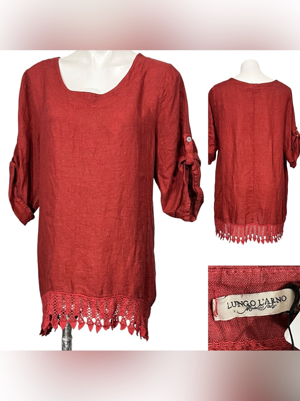 Lungo L’Arno Linen Blouse Red Crochet-Hem 3/4 sleeve fall casual office 1x